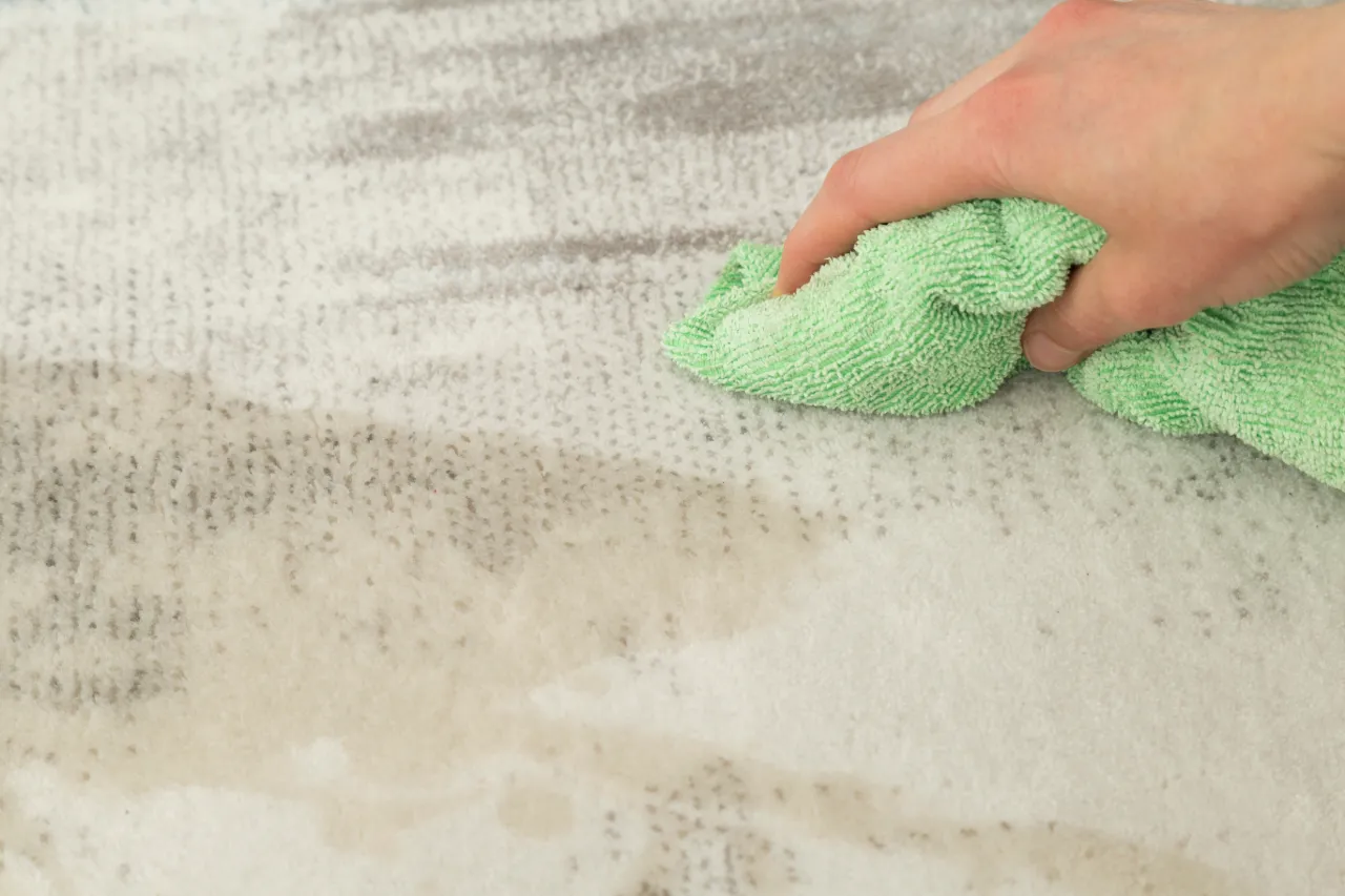 A close-up of a person wiping a carpet with a cloth.