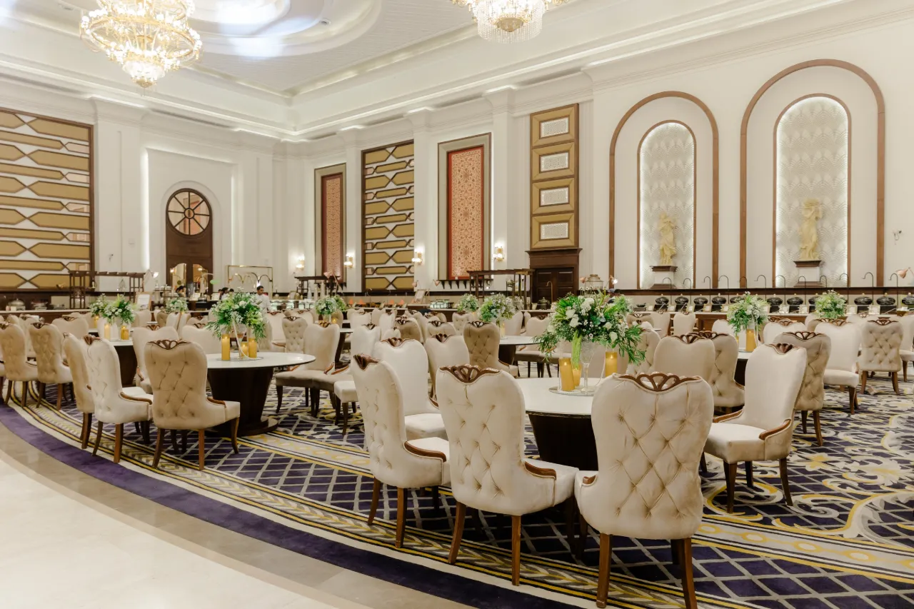 An elegant event space with a printed carpet.